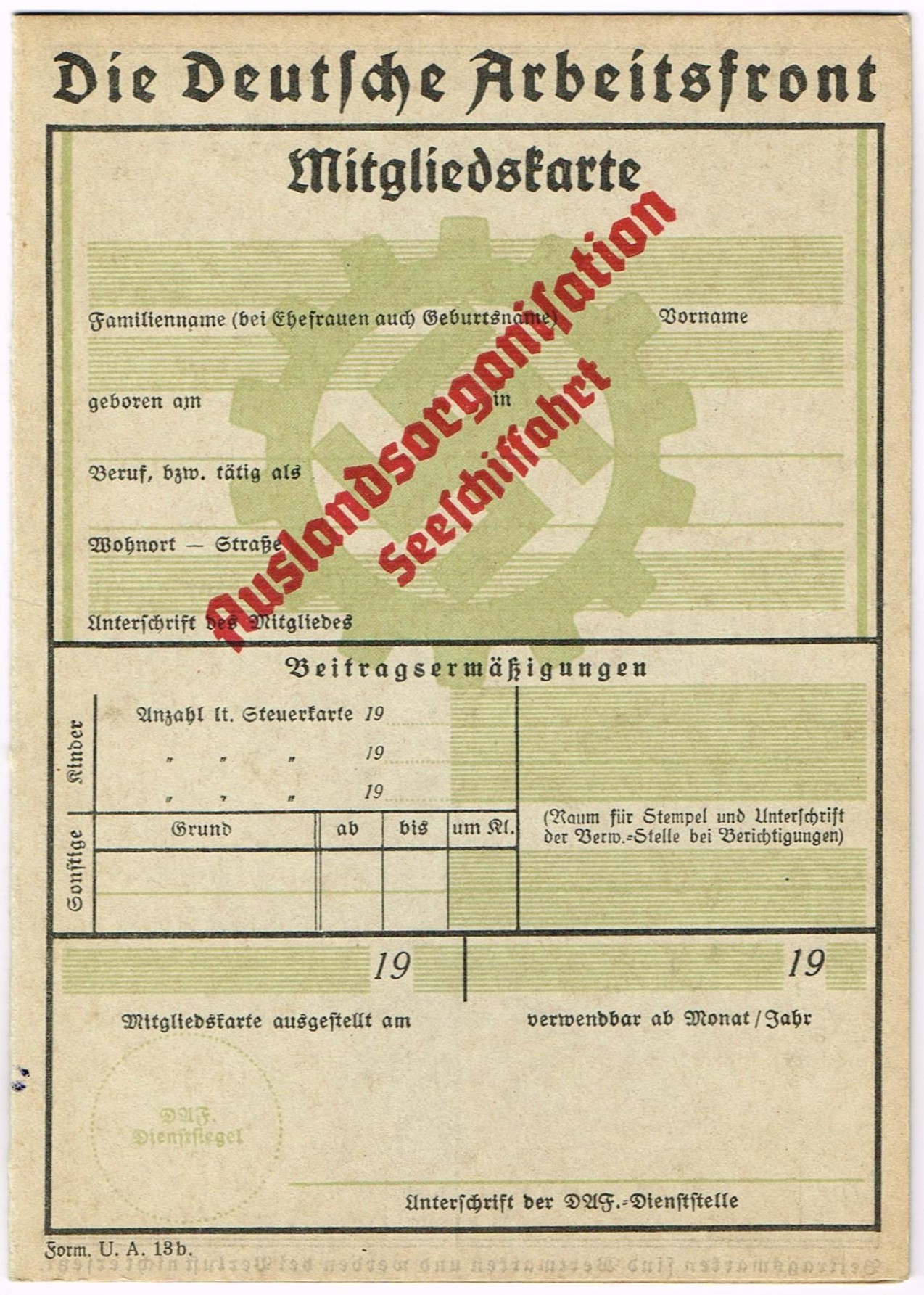 DAF - Mitgliedskarte - Auslandsorganisation Seeschiffahrt